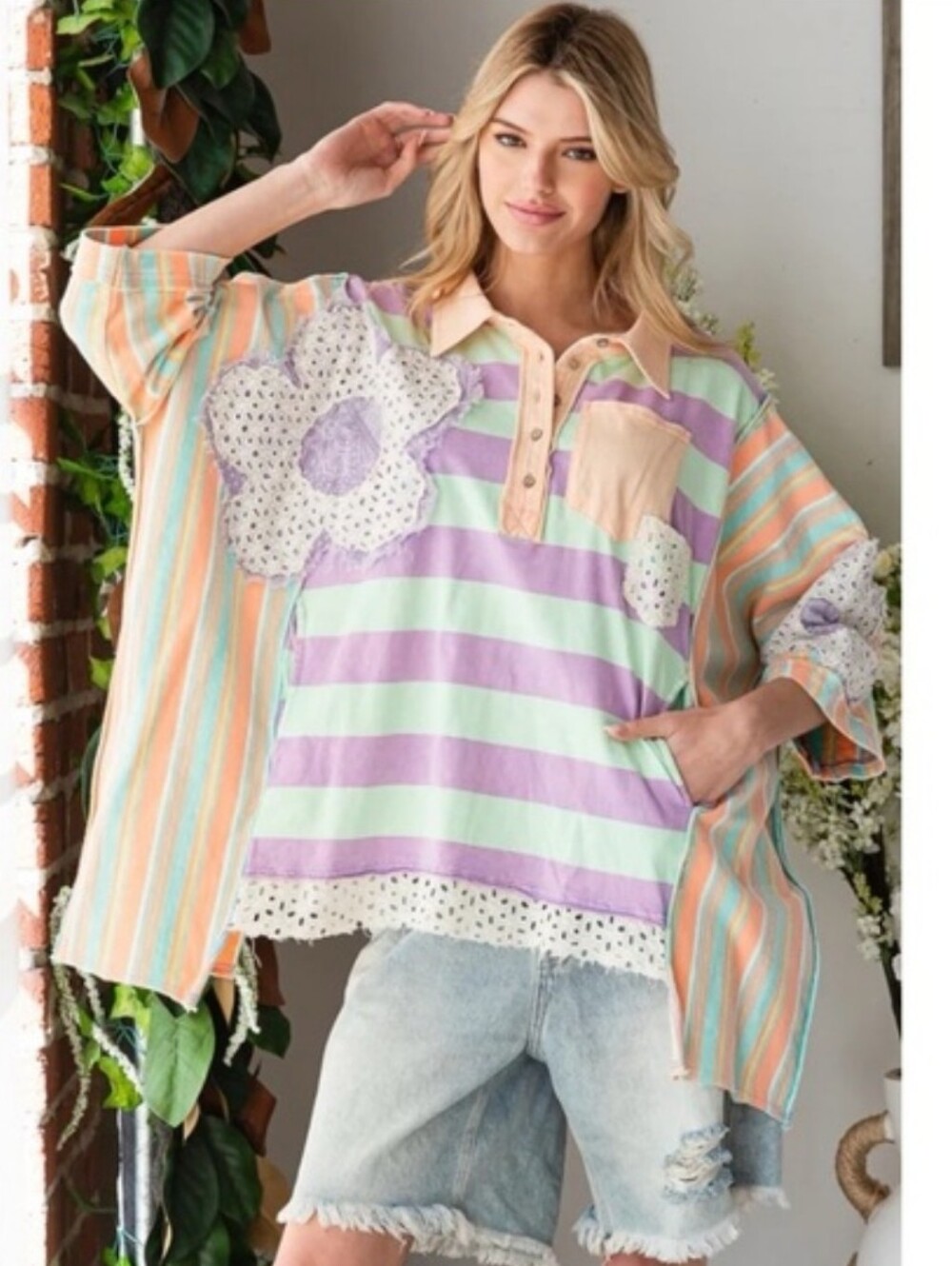 Oli & Hali OVERSIZED Multicolored Mix n Matched Striped Top with Flower Patches
